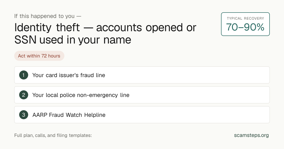 If this happened to you — Identity theft — accounts opened or SSN used in your name. Typical recovery 70 to 90 percent. Action steps from scamsteps.org.