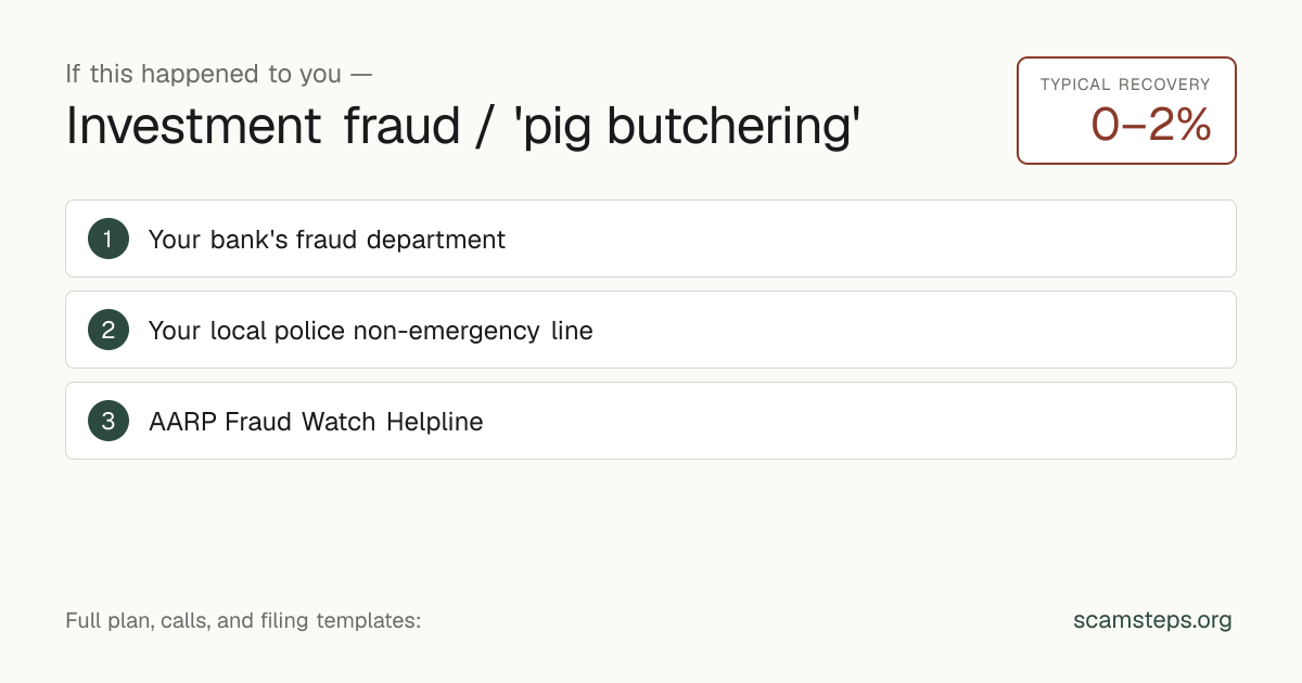 If this happened to you — Investment fraud / 'pig butchering'. Typical recovery 0 to 2 percent. Action steps from scamsteps.org.